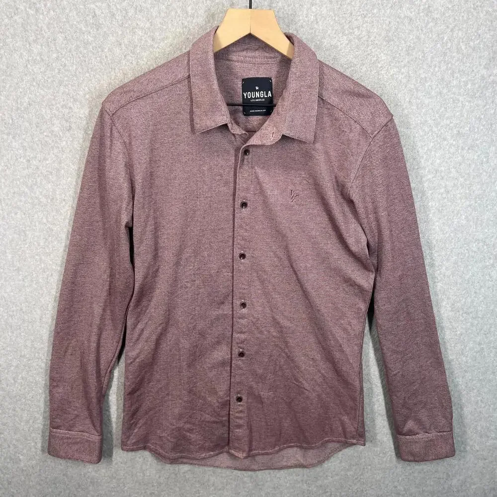 YoungLA Shirt Mens M Heather Burgundy Button Up Long‎ Sleeve Stretch Cotton